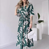 Plataz Women's Summer V-Necked Print Skirt High Waist-Comfort Temperament Open-Broken Flower Dress