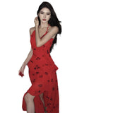 Plataz Dress Red Long V-Neck Hanging Neck Sling Dress Female Summer French Temperament Party Dress