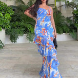 Plataz Women's Summer Sling V Tie Floral Skirt High Waist Slim Thin Lotus Leaf Dress