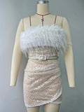 Plataz Hot Short Dress High-Waist Sexy Squine Dress One-Word Shoulder Feather Dress