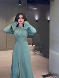Plataz 2024 Court Style Bubble Collar Wood Ear To Collect Waist Solid Color Long Sleeve Dress