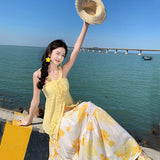 Plataz Style Beach Skirt Casual Temperament Hanging Neck Top Two Sets + Print Long Skirt Set