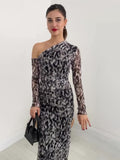 Plataz 2024 New Leopard-Print Twilled Long-Sleeved Long Temperament Dress Woman