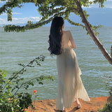 Plataz Beach Dress Seaside Tourism Vacation Chiffon Long Dress Folded Loose Sleeveless Slings Dress Dress Woman