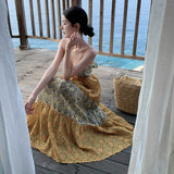 Plataz Summer Dress New Seaside Holiday Wind Loose Sling V Tie Print Splicing Dress Dress Waist And Ankle