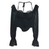 Plataz Girls Shoulder-Hanging Neck With Long-Sleeved Slings With Smear Wooden Ear-Deared Shirt Short With Chest Cushion Top DJPT