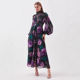 Plataz 2025 Printed Lace Splicing Hollow Rivet Collar Lantern Long-Sleeved Dress Woman