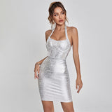Plataz Babes Hanging Neck Tightening Tape Dress High-End Famous Net Yarn Splicing Dinner Dress