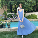 Plataz Sense Irregular Splicing Folds A Long Dress Summer French Waist Big Skirt V Tie Hanging Dress Woman