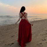 Plataz V-Necked With Hanging Neck Dress Female Seaside Holiday Sexy Bare Back Open Fork Showing Lean Long Skirt