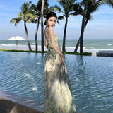 Plataz Sling Dress Women's Summer Mesh Printing Temperament Is Skinny Seaside Holiday Dress Dress