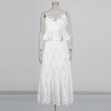 Plataz Niche Wind 2025 Summer New Sling Ribbon Leaves Design Three-Dimensional Flower Half-Body Dress Suit Woman