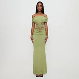 Plataz Women's Spring And Summer New Solid Color Open Shoulder Splicing Lace Super Long Dress Woman DJPT