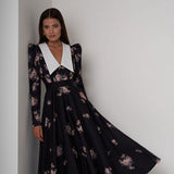 Plataz French Doll-Necked Flower-Print Court Feast Dress