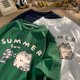 Plataz Cotton Shoulder Summer New Round Collar Short-Sleeved T-Shirt Cute Kitten Print Loose Blouse DJPT