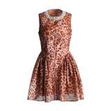Plataz High-End Leopard Print Skirt 2025 Summer New Round Collar Diamond Waist Dress Dress Woman