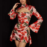 Plataz Dress Hollow Sexy Floral Dress Print Collar Cheongsam Dress
