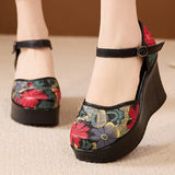 Plataz Real Leather National Style Print Ultra-High With Idyllic Wind Thick Bottom Retro College Style Buckle Sandals High Quality Shoes