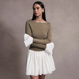 Plataz Women's Clothing Hit The Word Collar Horn Long-Sleeved Lotus Leaf Short Skirt DJPT