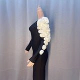 Plataz Black Shoulder Hollow White Flower Long Sleeve Long Bandat Party Evening Dress