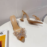 Plataz Fashion Pointed Shallow Side Empty Toe Transparent Water Drill Bow Glass And Sandals Woman High Quality Shoes