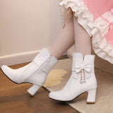Plataz Size Women's Shoes Bows Coarse And Short Boots Women's Korean Version Of High Heel Boots High Quality Shoes