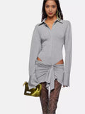 Plataz Babes Gray Long-Sleeved Polo Collar Short Dress Girl Niche Fall Sexy Irregular Hollow Dress