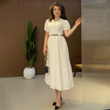 Plataz Solid-Color V-Neck Short-Sleeved Multi-Button Belt Casual Dress In Autumn 2025