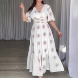 Plataz Women's Summer Fashion Vcollar Bubble Sleeve High-Waist Print Splicing Body Dress