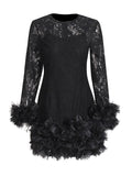 Plataz Senior Sense Dress Woman 2025 Summer New Lace Collar Splicing Mesh Long Sleeve Short Dress Women's Dress