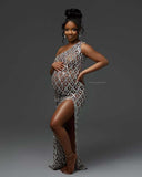 Plataz Summer Luxury Hot Diamond Pregnant Women Photo Dress Oblique Shoulder Slit Drill Pregnant Woman Photography Dress Maternity
