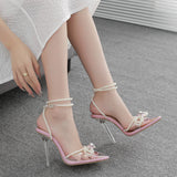 Plataz High Heels 2025 Spring Tip Sweet Bow Summer Water Drill Transparent Women's Pearl Sandals High Quality Shoes