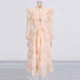 Plataz Dream Collar Wood Ear Folding Single Row Buckle Dress 2025 New Women's Summer Long Sleeves Pure Color Dress Dress Girl