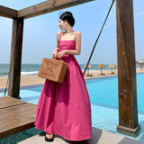 Plataz Holiday Summer French Rose Red Sling Corset Dress High-End Waist Big Skirt Beach Dress