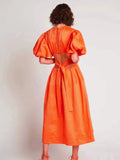 Plataz Autumn New Round-Neck Bubble Sleeve Belt To Collect Waist Hollow Long Dress Woman