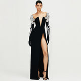 Plataz Card Shoulder Long Sleeves Chest V-Neck Pattern Hot Diamond Banded Dress Sexy Temperament Dress Dress