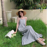 Plataz Retro Hanging Neck Stripe Sling Dress Women Summer Sexy Bare Back Strap Long Skirt Loose A Word Skirt