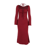 Plataz Autumn 2025 New Bag Ass Skirt Temperament Hanging Neck Long Sleeves Fine Dress Dress Woman DJPT