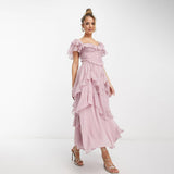 Plataz Dress Holiday Dress Lace Side Hollow Cake Dress Lotus Leaf Folding Long Dress