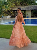 Plataz Printed Holiday Dress 2025 Summer Show Back New Hanging Neck Sleeveless Swing Leaves Side Dress Woman