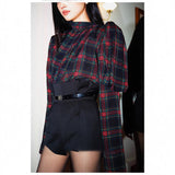 Plataz Belt) Zhao Sanguan Plaid Shirt Women 2025 Retro Plaid Shirt / High-Waisted Shorts