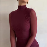 Plataz Fashion Sexy Round-Neck Long-Sleeved Perspective Solid-Color Bag Hip Short Dress