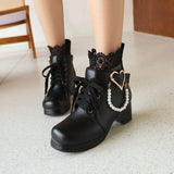 Plataz Size Women's Shoes Retro Lace Coarse Heel Short Boots Autumn And Winter New College Women's Boots Shoes High Quality Shoes