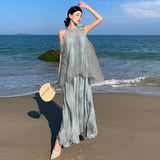 Plataz New Temperament Hanging Neck Dye Chiffon Skirt Fake Two Holiday Dress Summer