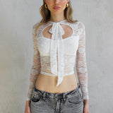 Plataz Women's 2024 Summer New Solid Color Lace Long Sleeve Strap Hollow Sexy Top DJPT