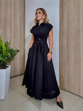 Plataz Spring And Summer Holiday Wind Collar Lace Splicing Hollow Belt Shirt Dress Dress