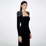 Plataz Temperament Square Collared Diamond With Long Sleeve Banded Dress Dress For Party Dinner