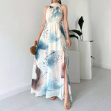 Plataz Women's Summer Hanging Neck High Waist Repair Sexy Graffiti Lace Open Dress