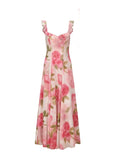 Plataz Summer Designer Tide Brand NA Rose Print Retro Goddess Slinging Low-Breasted Holiday Style Dress