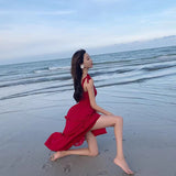 Plataz Holiday Red Sling Dress Women's Summer 2025 New Super Fairy Dress Sanya Travel Suitable For Beach Skirt